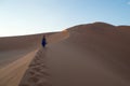 Woman Climbing Big Daddy Dune during Sunrise, Desert Landscape