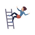 Woman climbing ladder, scared girl falling from height