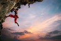 Athletic Woman climbing on overhanging cliff rock with sunset sky background Royalty Free Stock Photo