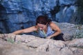 A woman is climbing in Turkey, Overcoming the fear of heights, Climbing effort Royalty Free Stock Photo