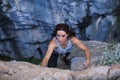 A woman is climbing in Turkey, Overcoming the fear of heights, Climbing effort Royalty Free Stock Photo