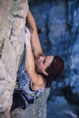 A woman is climbing in Turkey, Overcoming the fear of heights, Climbing effort Royalty Free Stock Photo