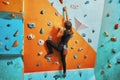 Woman climbing up on practice wall Royalty Free Stock Photo