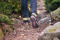 Woman climbs in Hiking boots in outdoor action. Top View of Boot on the trail. Close-up Legs In Jeans And sport trekking