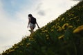 Woman climbs a hill along a path among flowers on a summer day Royalty Free Stock Photo