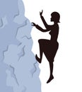 Woman climbs on the rock to the mountain top. Reaching the goal concept, vector illustration.