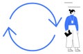 Woman with clipboard beside circular arrows representing process, cycle, or repetition concept Royalty Free Stock Photo