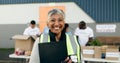 Woman, clipboard and manager in charity, volunteer and organizer for outreach program, smile and portrait. Happy senior