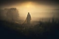 a woman in a cloak standing in a field at sunrise