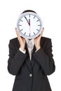 Woman with clock express stress by time pressure