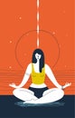 Woman with closed eyes does yoga exercise and meditates against abstract orange background. Concept of zen, serenity and