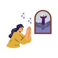 Woman with closed eyes and hands gesture prays in front of icon Royalty Free Stock Photo