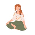 Woman with closed eyes meditating in yoga lotus posture. Female character sitting with her legs crossed and performing Royalty Free Stock Photo