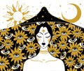 Woman with closed eyes on mystical trippy background with moon, sun and eyes, psychedelic art, narcotic mushrooms, mind