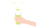 Woman face and hand with glass of lemonade on white background