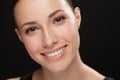 Woman, closeup and portrait in studio with cosmetics, happiness and beauty results of cosmetology in mockup. Model, face