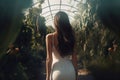 Woman closeup white dress back in botanical garden. Generate Ai Royalty Free Stock Photo