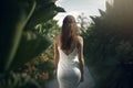 Woman closeup white dress back in garden. Generate Ai Royalty Free Stock Photo