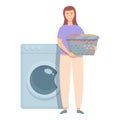 Woman with clothes basket near the washing machine icon cartoon vector. Household laundry cloth.