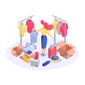 Woman in clothes boutique isometric illustration. Female buyer searching best price, choosing products, marketer
