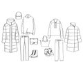 Woman clothes set. Sketch. Down jacket, sweater, sport suit, bag, shoes. Warm winter clothes