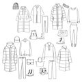 Woman clothes set. Sketch. Down jacket, sweater, sport suit, bag, shoes. Warm winter clothes