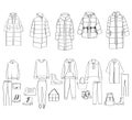 Woman clothes set. Sketch. Down jacket, sweater, sport suit, bag, shoes. Warm winter clothes