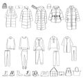 Woman clothes set. Sketch. Down jacket, sweater, sport suit, bag, shoes. Warm winter clothes