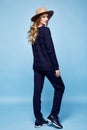 Woman clothes wool cashmere suit pants sweater dark blue color a Royalty Free Stock Photo