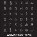 Woman clothing editable line icons vector set on black background. Woman clothing white outline illustrations, signs