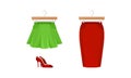 Woman Clothing with Flared Skirt on Wooden Hanger and Pair of High Heeled Shoes Vector Set