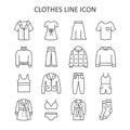 Woman clothing line icon set. Dress, skirt, blazer, jacket, jeans, pants, cloak flat symbol. Vector illustration Royalty Free Stock Photo