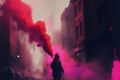 Woman clutching red smoke signal on lane in deserted urban settlement Royalty Free Stock Photo