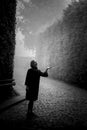 Woman in a coat, in an ancient public garden in a thick fog.