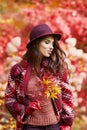 Woman in coat with hat and scarf in autumn park Royalty Free Stock Photo