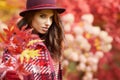 Woman in coat with hat and scarf in autumn park Royalty Free Stock Photo