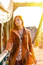 Woman in coat have a rest on Frankfurt streets Royalty Free Stock Photo