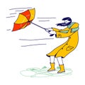 Woman in Coat Holding Broken Umbrella Protecting from Hurricane. Female Character Fighting with Strong Wind