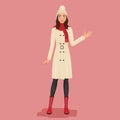 Woman in a coat, pom pom hat, red scarf and boots. Autumn or winter fashion. Vector illustration. Royalty Free Stock Photo