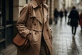 Woman coat rain street. Generate Ai