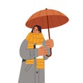 Woman in coat and scarf under open umbrella, protecting her from autumn rain. Person in warm clothes holding umbrela in