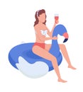 Woman with cocktail on inflatable flaming semi flat color vector character