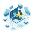 Woman coding on laptop cloud computing network data servers isolated on white background