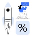 Woman coding, rocket launch, and percentage icon symbolizing development, growth, and analytics Royalty Free Stock Photo