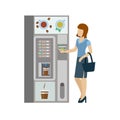 Woman and coffee automatic machine in vector flat coffee break Royalty Free Stock Photo