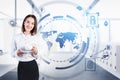 Woman with coffee in office, business interface