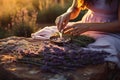 woman collecting lavender flowers for essential oil, lavender harvesting, making essential oil, Generative AI