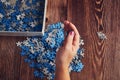 Woman collecting the small pieces of a puzzle - the concept of problem-solving Royalty Free Stock Photo