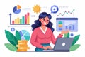 A woman collects and analyzes financial data using her laptop, surrounded by colorful charts and graphs representing her work Royalty Free Stock Photo