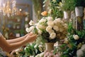 A woman collects a bouquet in a flower shop. Generative AI technology